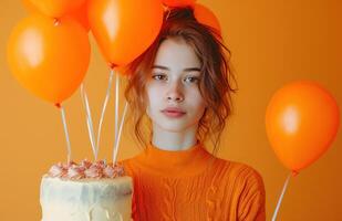 AI generated A girl is holding a birthday cake and balloons, in the style of purple and orange. photo