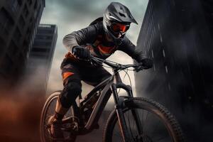 AI generated a cyclist wearing a helmet riding a mountain bike in the city. photo