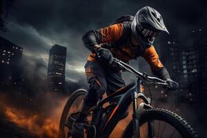 AI generated a cyclist wearing a helmet riding a mountain bike in the city. photo