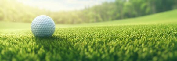 AI generated a golf ball on grass on a sunny day, in the style of sunrays shine upon it. photo