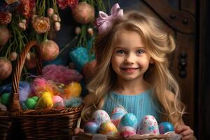 ai generado un pequeño niña participación un Pascua de Resurrección cesta lleno con Pascua de Resurrección huevos. foto