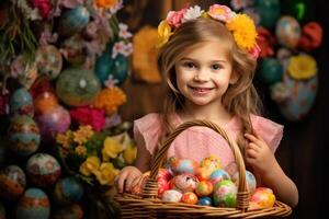 ai generado un pequeño niña participación un Pascua de Resurrección cesta lleno con Pascua de Resurrección huevos. foto