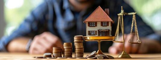 AI generated a man with a house on a scale with coins on it. photo