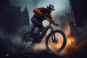 AI generated a male mountain biker riding through a city. photo