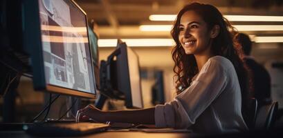 AI generated a person sitting in front of a computer smiling. photo