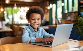 AI generated a small black boy working on his laptop computer at a desk with a smile photo