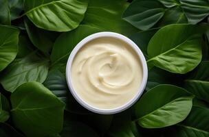 AI generated a pot of facial product sitting on top of a green leaf. photo