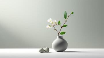 AI generated a vase has a pot in front of it and white stones on it,. photo