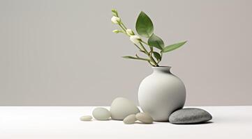 AI generated a vase has a pot in front of it and white stones on it,. photo