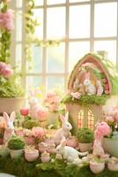 AI generated A whimsical setting with adorable bunny figurines, setting the stage for an enchanting Easter promotion. photo