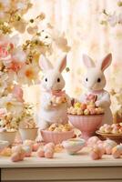 AI generated A whimsical setting with adorable bunny figurines, setting the stage for an enchanting Easter promotion. photo