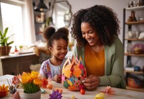 ai generado un mujer es en pie con su niño como ellos Decorar Pascua de Resurrección huevos,. foto