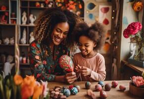 AI generated a woman is standing with her child as they decorate easter eggs,. photo