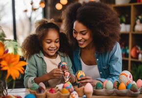 AI generated a woman is standing with her child as they decorate easter eggs,. photo