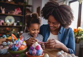 AI generated a woman is standing with her child as they decorate easter eggs,. photo