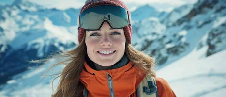 ai generado un mujer sonrisas dentro el cámara vistiendo esquí gafas de protección en frente de Nevado montañas. foto