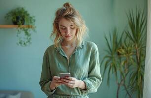 AI generated a woman wearing a green shirt is texting her cell phone. photo