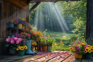 AI generated a wooden porch with colorful flowers and gardening boots. photo