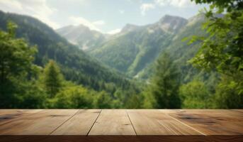 ai generado un de madera mesa metido por un verde árbol cerca un montaña bosque. foto