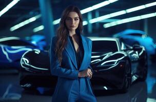 AI generated a young woman in a blue jacket stands in front of a car dealership. photo