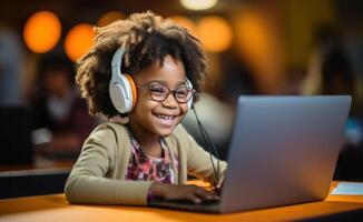 ai generado un joven niño es sonriente a un computadora escribiendo. foto