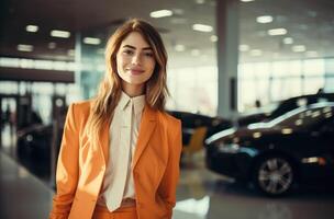 AI generated a young women in a car dealer center wearing a suit and smock. photo