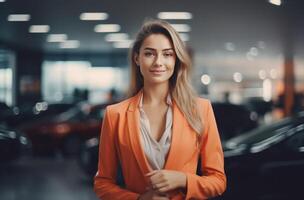 AI generated a young women in a car dealer center wearing a suit and smock. photo