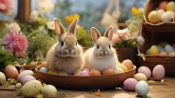 AI generated Adorable bunnies amid vibrant eggs, providing a whimsical setting for Easter advertising creativity. photo