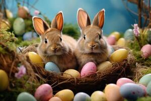 AI generated Adorable bunnies amid vibrant eggs, providing a whimsical setting for Easter advertising creativity. photo