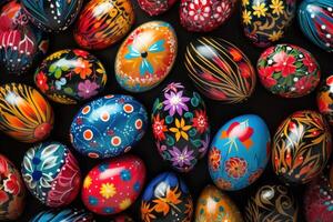 AI generated An array of beautifully decorated eggs, forming a vibrant and eye-catching backdrop for festive advertising. photo
