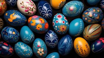 AI generated An array of beautifully decorated eggs, forming a vibrant and eye-catching backdrop for festive advertising. photo