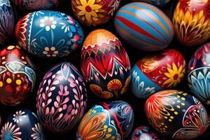 AI generated An array of beautifully decorated eggs, forming a vibrant and eye-catching backdrop for festive advertising. photo