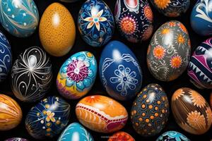 AI generated An array of beautifully decorated eggs, forming a vibrant and eye-catching backdrop for festive advertising. photo