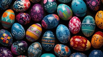 AI generated An array of beautifully decorated eggs, forming a vibrant and eye-catching backdrop for festive advertising. photo