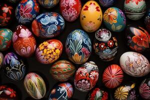 AI generated An array of beautifully decorated eggs, forming a vibrant and eye-catching backdrop for festive advertising. photo