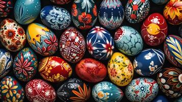 AI generated An array of beautifully decorated eggs, forming a vibrant and eye-catching backdrop for festive advertising. photo