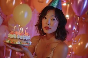 ai generado un asiático mujer participación un pastel y vistiendo un cumpleaños sombrero. foto