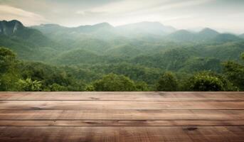 AI generated an empty wooden table in front of a beautiful green. photo