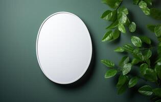 AI generated an oval mirror frame next to green leaves. photo