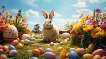 AI generated Blooming flowers and Easter elements, creating a picturesque scene for vibrant promotional campaigns. photo