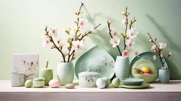 AI generated Blooming flowers and Easter elements, creating a picturesque scene for vibrant promotional campaigns. photo