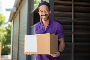 AI generated business man in purple shirt holding a white box. photo