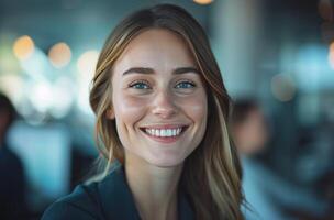 AI generated businesswoman smiling in office with other employees. photo