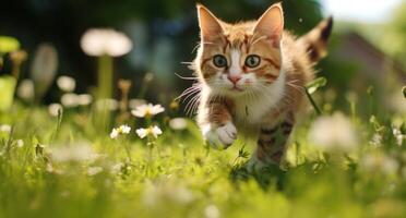 AI generated cat chasing a mouse in the grass. photo