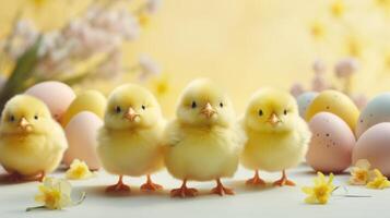 AI generated Cute chicks and Easter decorations combine to form an adorable background for stylish and festive promotions. photo