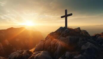 AI generated cross in the mountains christ sun. photo