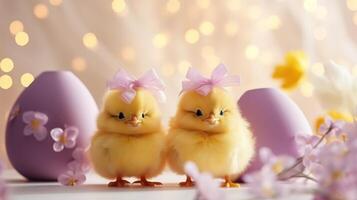 AI generated Cute chicks and Easter decorations combine to form an adorable background for stylish and festive promotions. photo