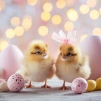 AI generated Cute chicks and Easter decorations combine to form an adorable background for stylish and festive promotions. photo