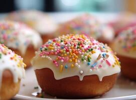 AI generated easter buns with icing, eggs and sprinkles. photo