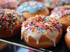 AI generated easter buns with icing, eggs and sprinkles. photo